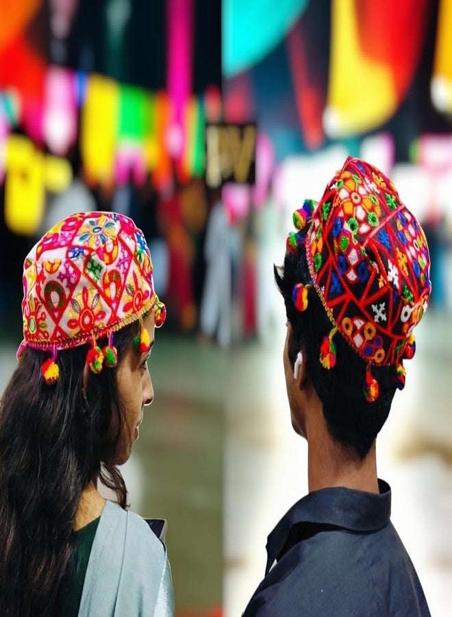 Doorbag قبعة قصيرة متعددة الألوان من Doorbag Navratri Garba Dandiya مزينة بدانتيل كوتشي، أو بوم بوم عشوائي، أو صدفة كودي لاتكان - غطاء رأس تقليدي فاخر للرجال والنساء (قبعة صغيرة بقاعدة سوداء) - Image 4